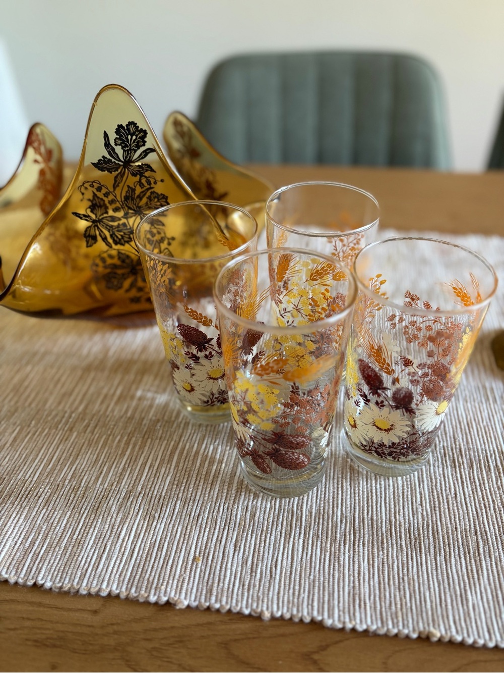 Vintage Floral Amber Glass Tumbler Set - 4pc
